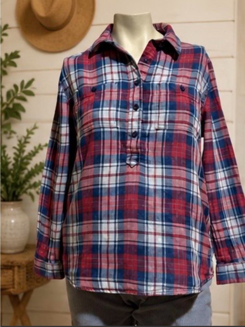 Beach Lunch Lounge Red Navy Plaid Cotton Tunic Shirt XS